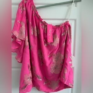 Lilly Pulitzer Hot Pink Off-Shoulder Dress with Metallic Floral